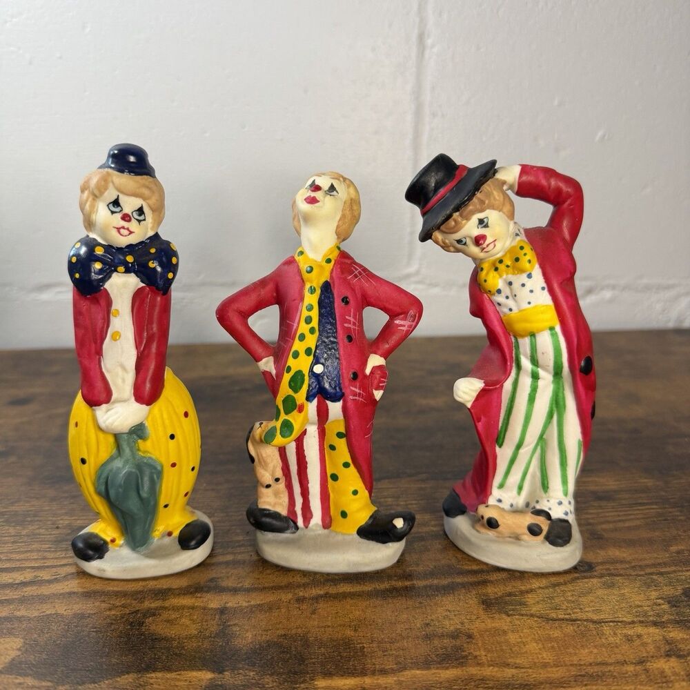 Vintage Ceramic clown circus decorations figurines statues whimsical Lot Of 3